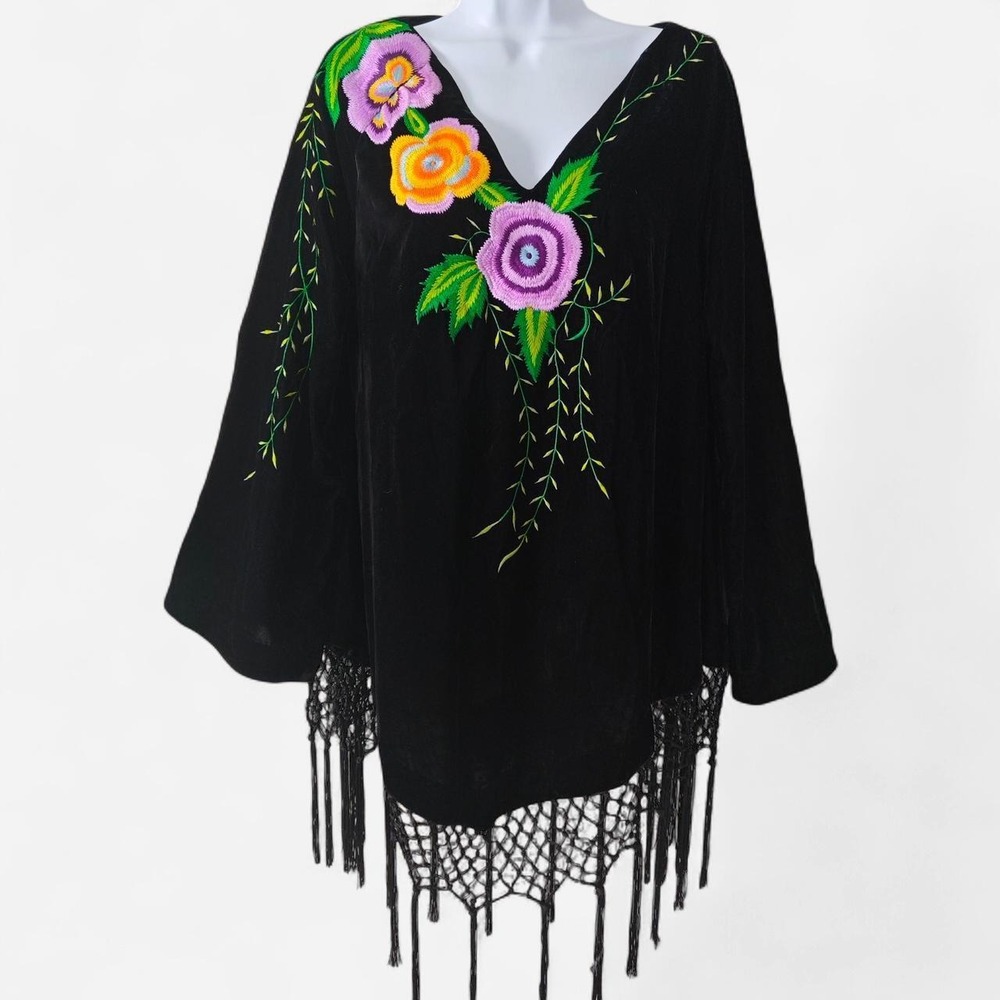 Roja Black Velvet Floral Embroidered Fringe Tunic Top Boho Bell Sleeve Size M